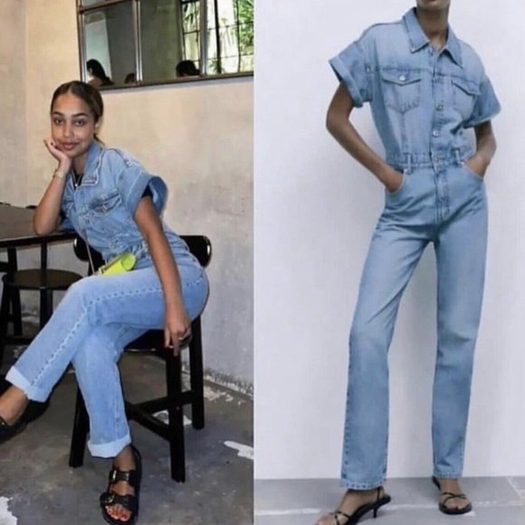 ZARA DENIM JUMPSUIT SHORT SLEEVES LONG PANTS S,M - Picture 5 of 15